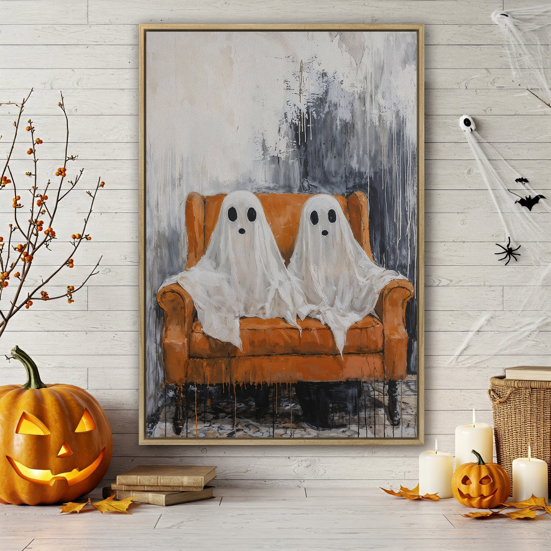 Framed Wall Art: Spooky ghost painting in orange and white, perfect Halloween decor. Abstract style with a warm, inviting color palette.