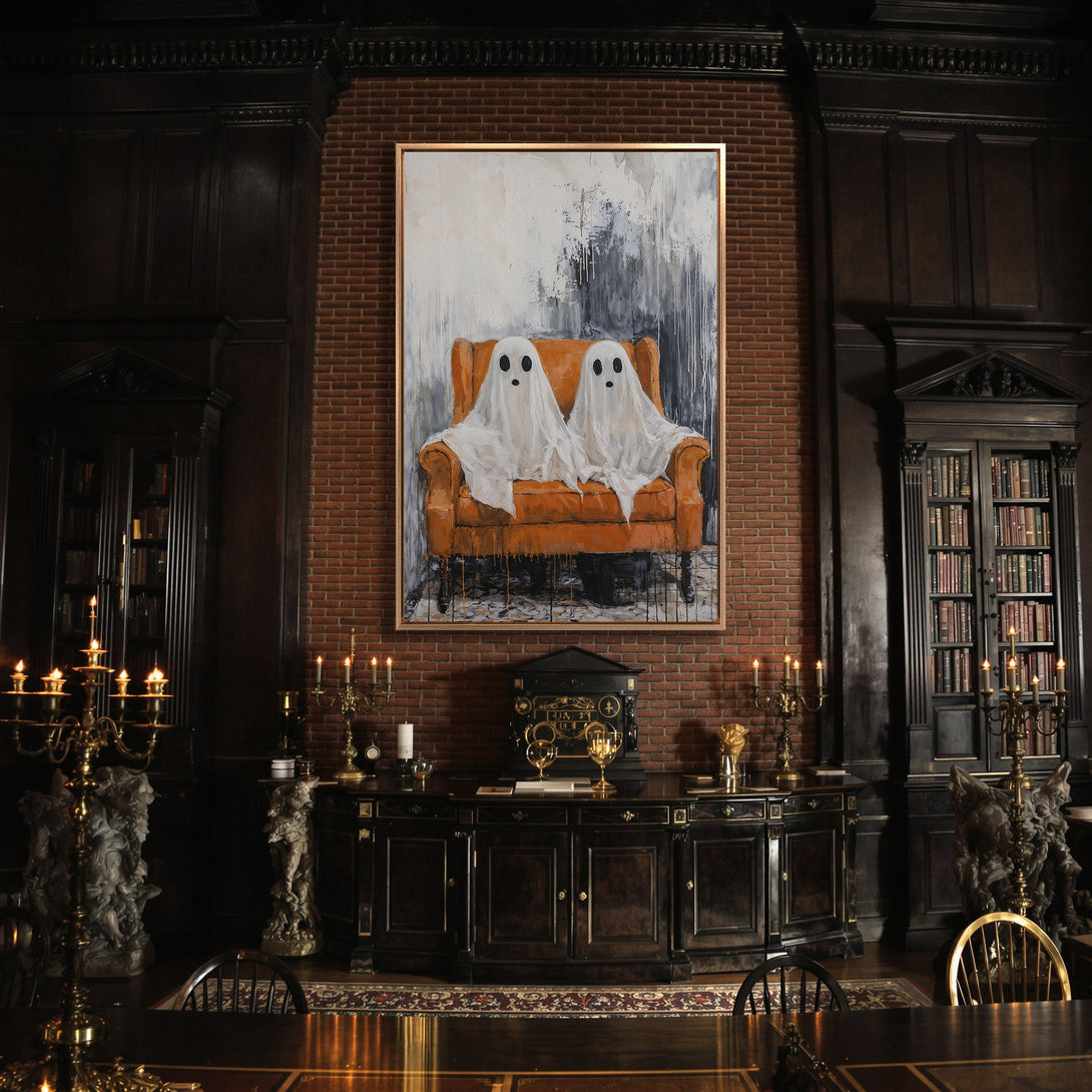 Framed Wall Art: Spooky ghost painting in a dark interior. Modern art with white, gray, and orange tones. Perfect Halloween decor!