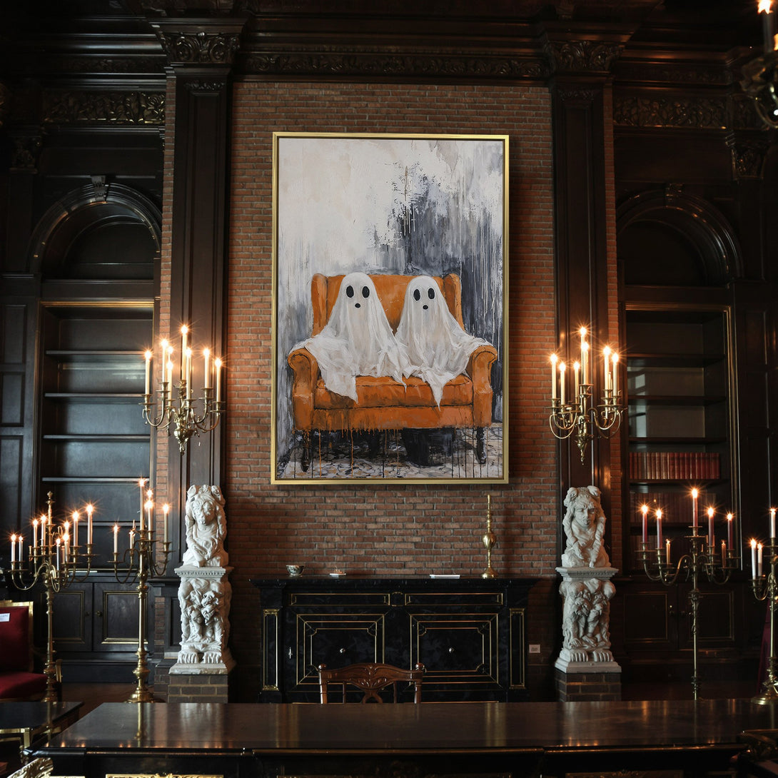 Canvas Print featuring two ghost figures on an orange chair, abstract style, with a black, white, and orange color palette. Perfect Halloween decor!