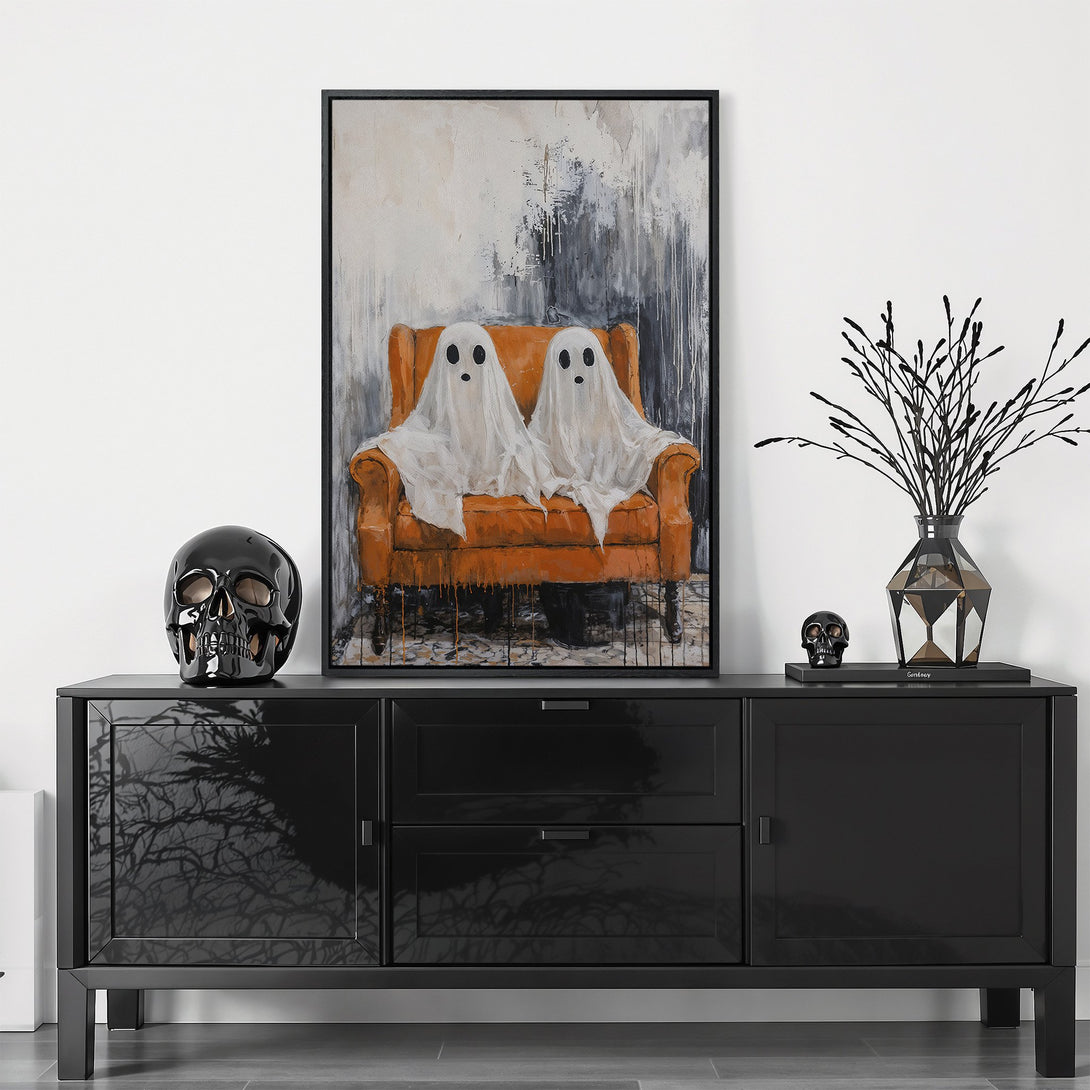 Framed Wall Art: Spooky ghost painting in a contemporary style, featuring a white, orange, and gray color palette. Perfect for Halloween decor!