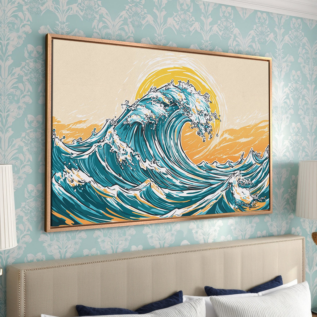 Framed Wall Art: Japanese wave art Canvas Print in teal and yellow, adding a touch of coastal style to your bedroom decor.