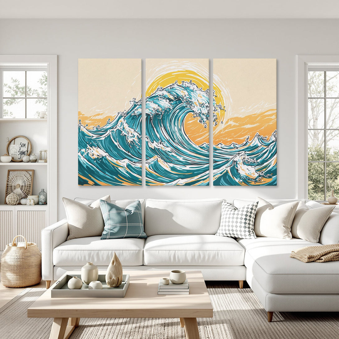 Canvas Print of a vibrant ocean wave illustration in teal and yellow, perfect for coastal decor.