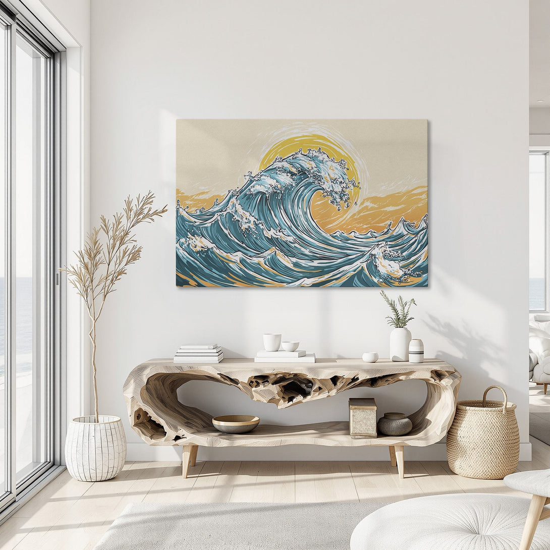 Framed Wall Art: Japanese wave art Canvas Print with teal, yellow, and beige tones. Perfect coastal wall decor for a modern living room.