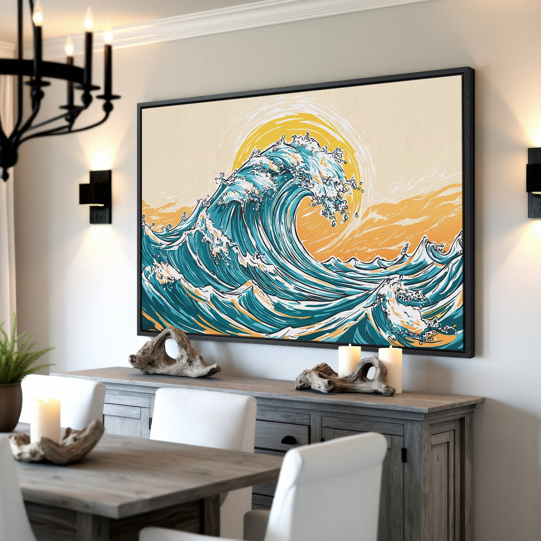 Framed Wall Art: Japanese wave art Canvas Print in teal, yellow, and beige. Coastal style artwork adds a calming touch to any room.