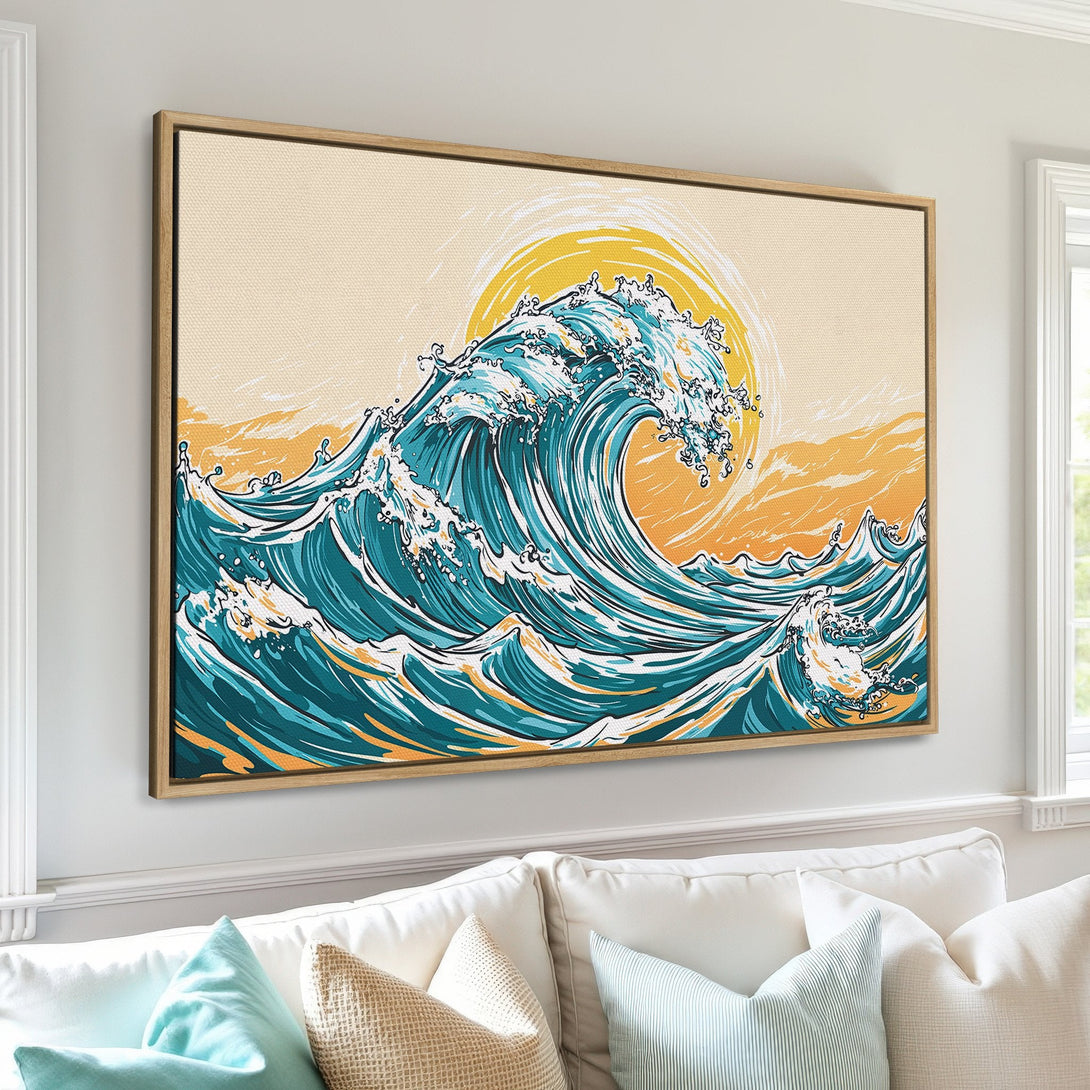 Framed Wall Art: Japanese wave art canvas print in teal, yellow, and orange. Perfect coastal decor for a modern living room.