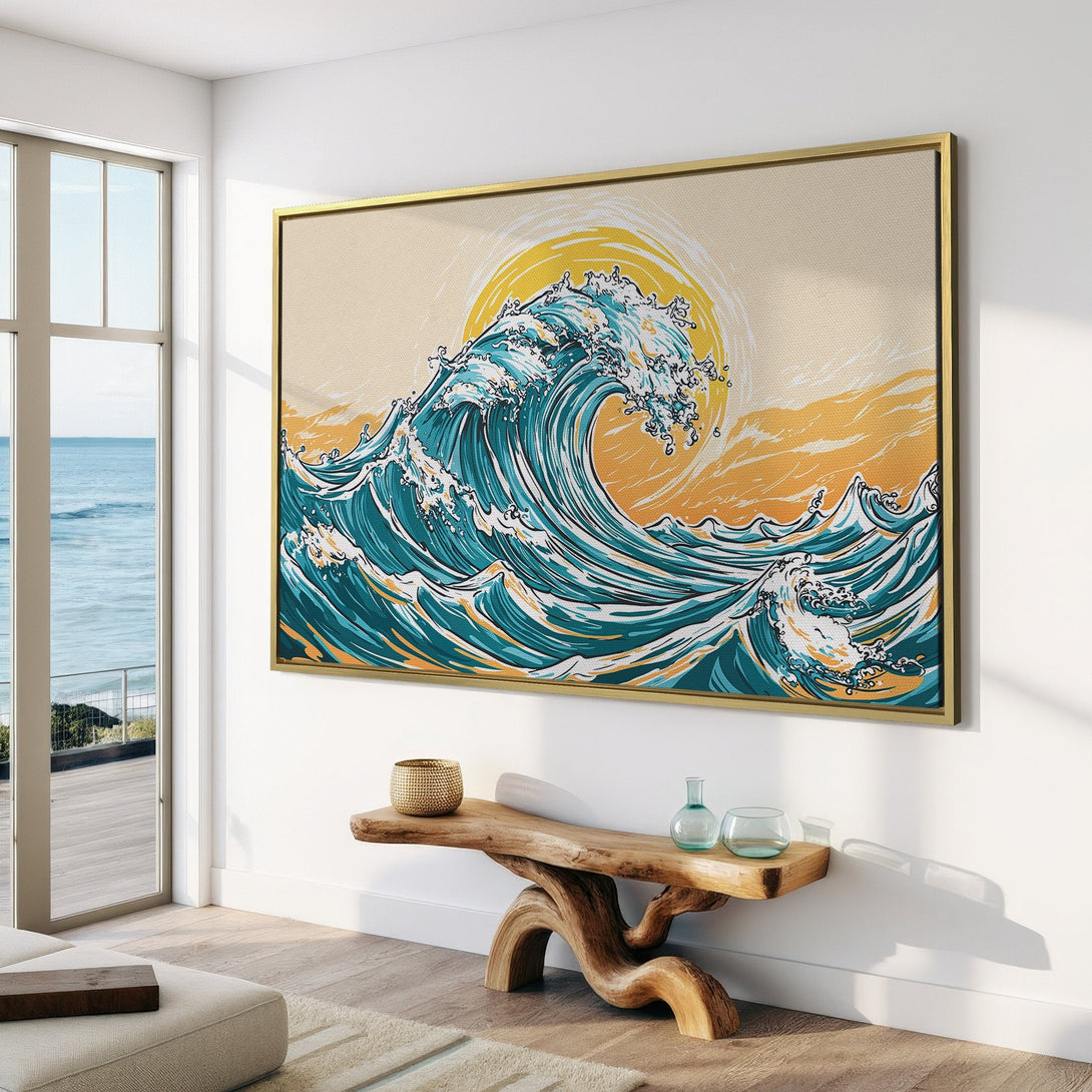 Canvas Print of a stylized ocean wave in blue and yellow, perfect for coastal decor. Modern art for your home.