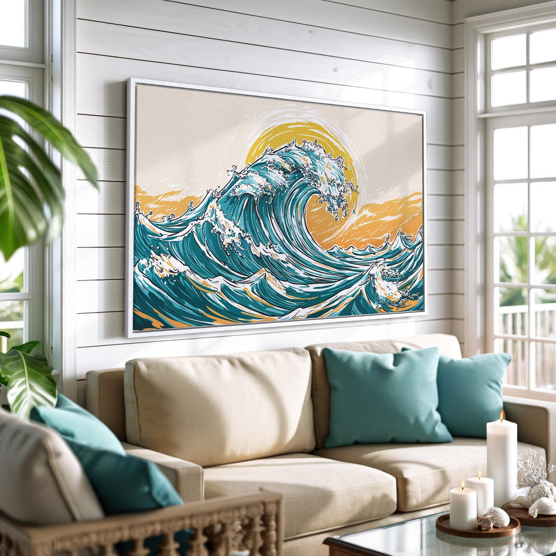 Framed Wall Art featuring a stylized wave design in teal, yellow, and beige. Coastal-inspired canvas print perfect for living room decor.