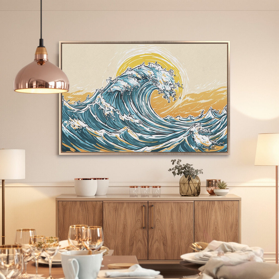Framed Wall Art: Japanese wave design in teal, yellow, and beige. Coastal-inspired canvas print adds a touch of zen to your home decor.