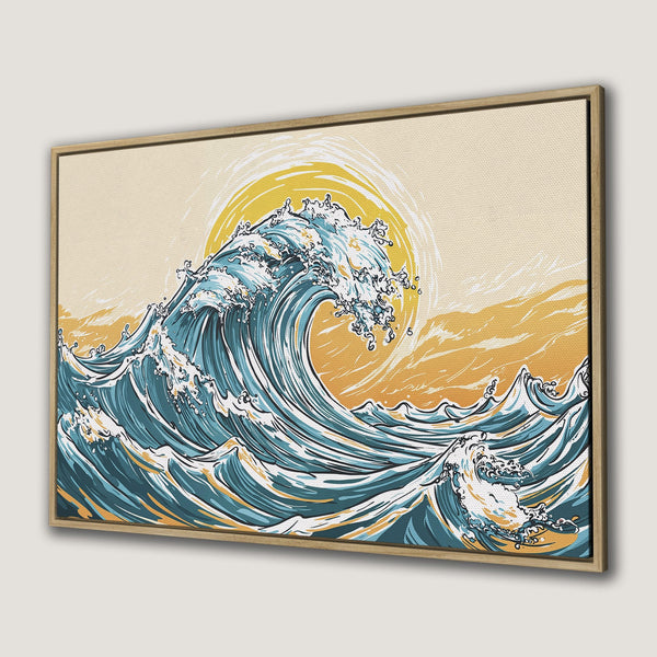 Framed Wall Art: Japanese wave art Canvas Print in blue, yellow, and beige. Perfect for adding a touch of zen and coastal style to your home decor.