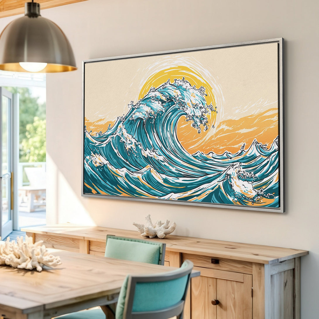 Framed Wall Art: Japanese wave art print in a modern interior. Features teal, yellow, and beige color palette. Perfect coastal decor for your home!