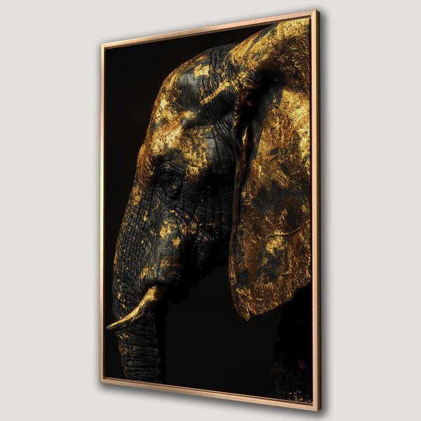 Framed Wall Art: Luxurious gold and black elephant portrait canvas print. Modern, elegant artwork for your home decor.