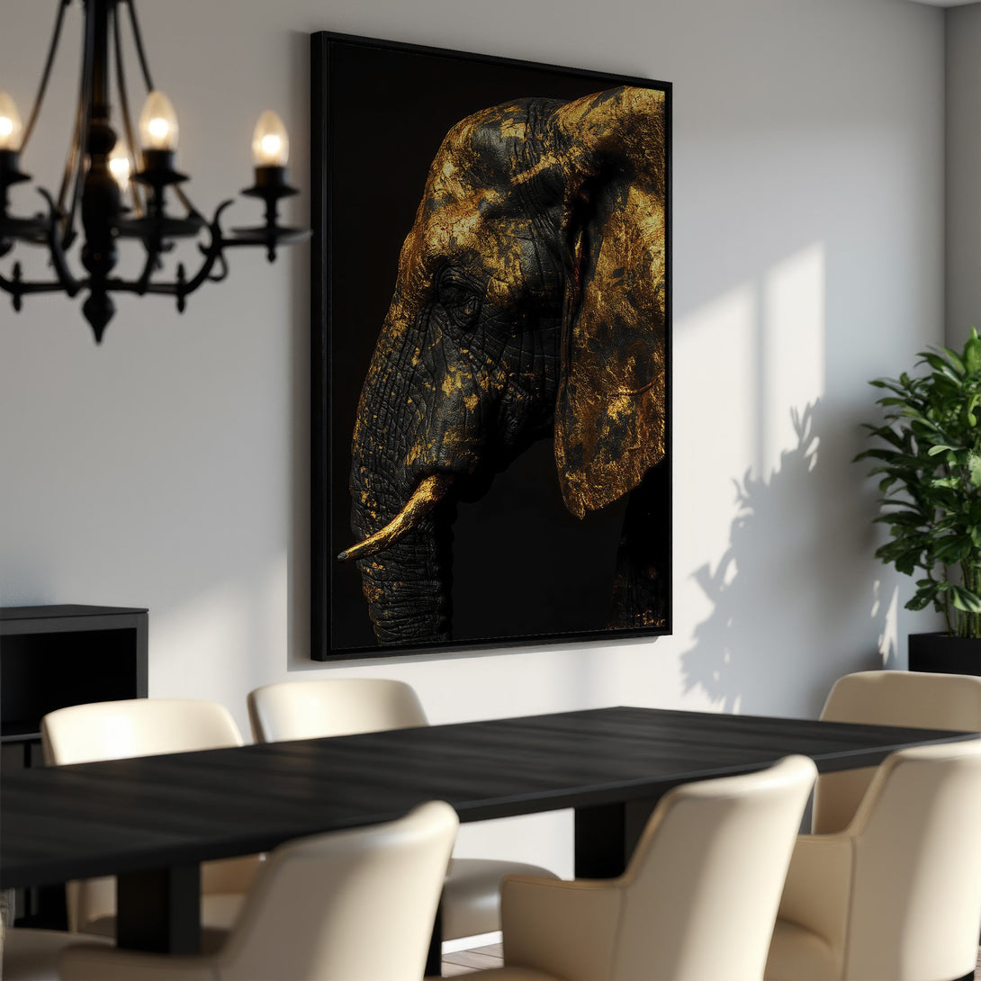 Framed Wall Art: Stunning gold and black elephant portrait canvas print. Modern decor for your dining room. Add elegance with this striking piece.