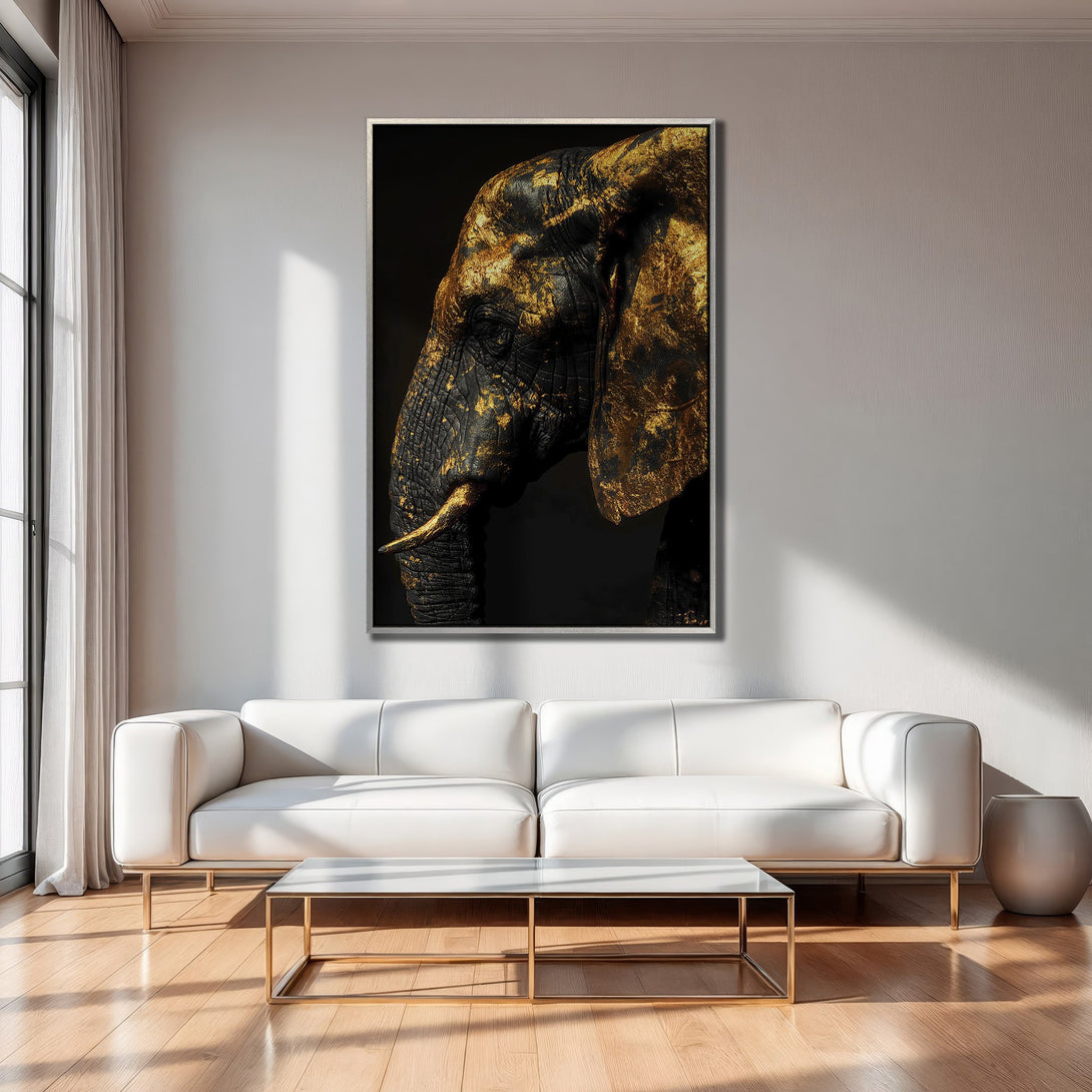 Framed Wall Art: Gold & black elephant portrait canvas print. Modern interior decor with a luxurious gold and black color palette. Elevate your space!