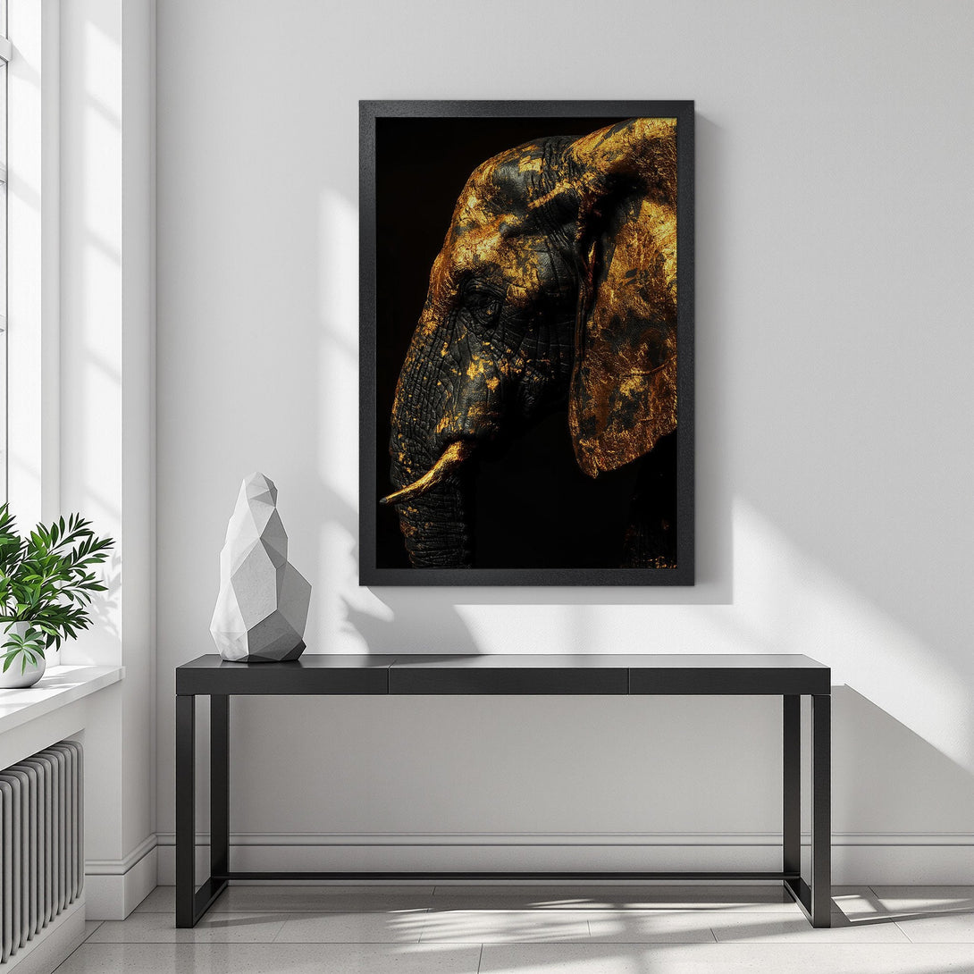 Framed Poster featuring an elephant with a gold texture. Modern art style, black and gold color palette. Perfect wall decor.