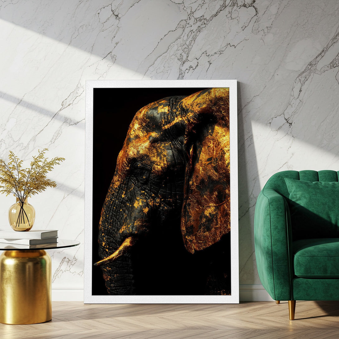 Framed Poster featuring a golden elephant head art print. Stylish decor with black, gold, and marble tones. Elevate your space!