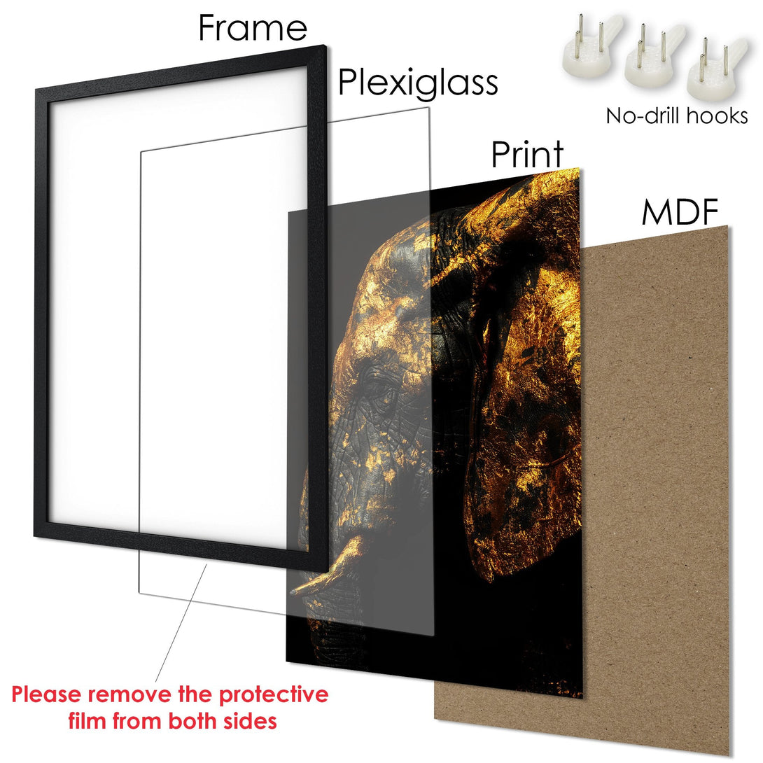 Framed Poster featuring an elephant head with gold accents on a black background. Modern art style, rich color palette.