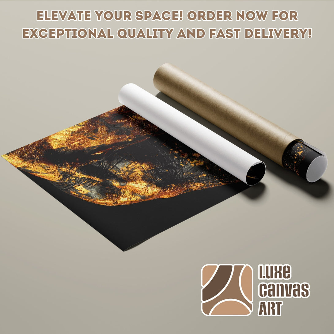 Abstract art poster roll with gold and black tones. Elevate your space with this stunning poster! Order now for fast delivery.