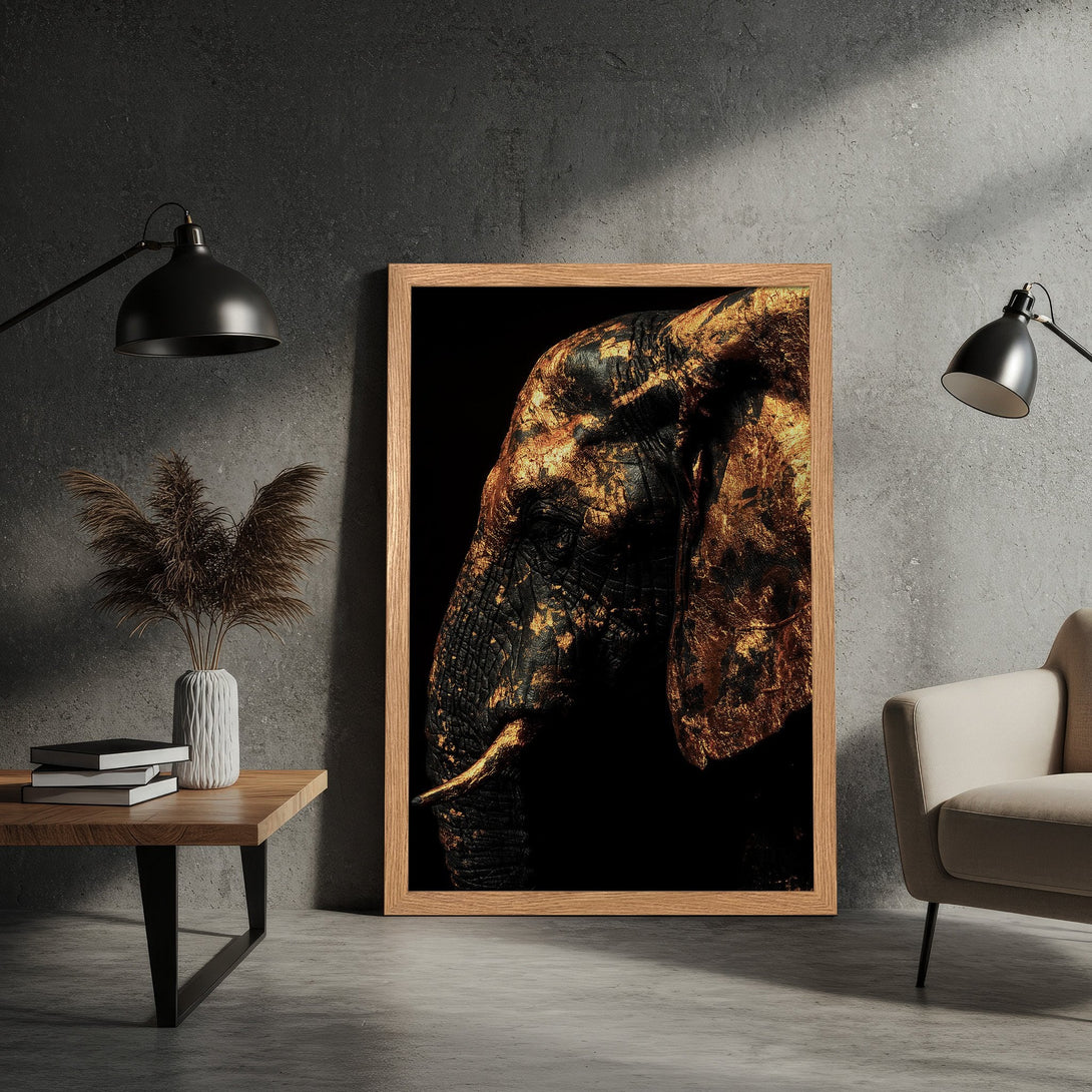 Framed Poster featuring a majestic gold and black elephant. Modern art print with a dark, luxurious palette. Perfect wall decor.