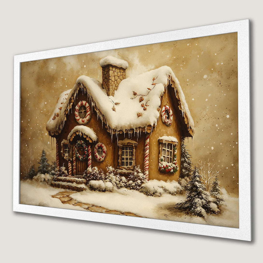 Framed Poster of a cozy watercolor Christmas gingerbread house, warm brown & white palette, perfect holiday decor.