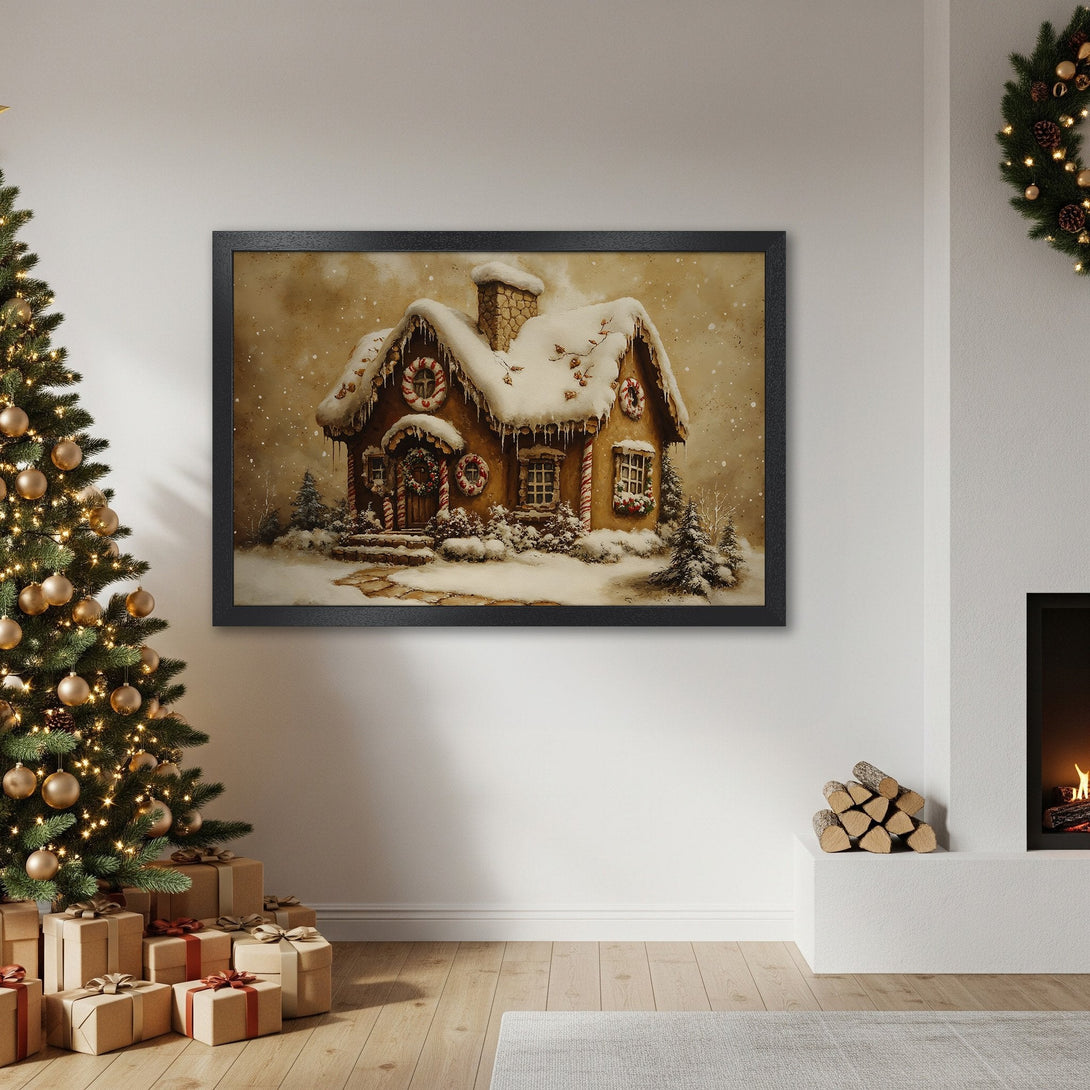 Framed Poster of a cozy gingerbread house in a winter scene, warm brown and beige tones, perfect for holiday decor.