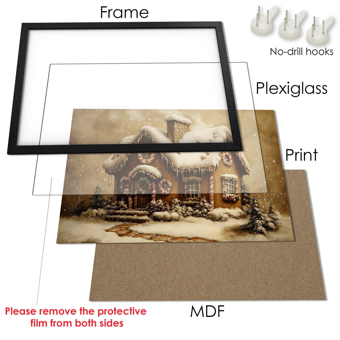 Framed Poster of a snowy gingerbread house, warm color palette, perfect for holiday decor.