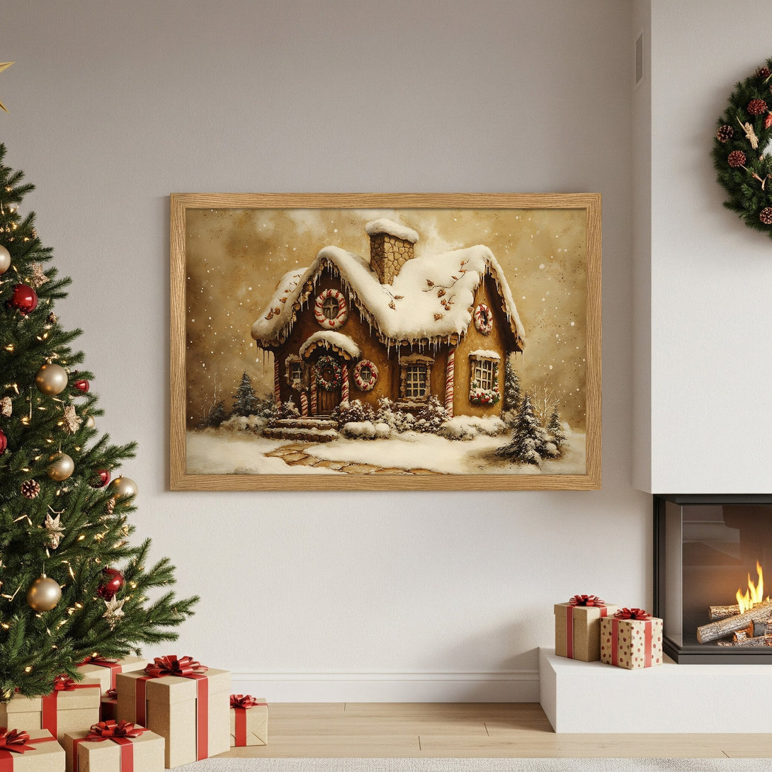 Framed Poster of a cozy gingerbread house in a winter scene. Warm, inviting colors perfect for Christmas decor.