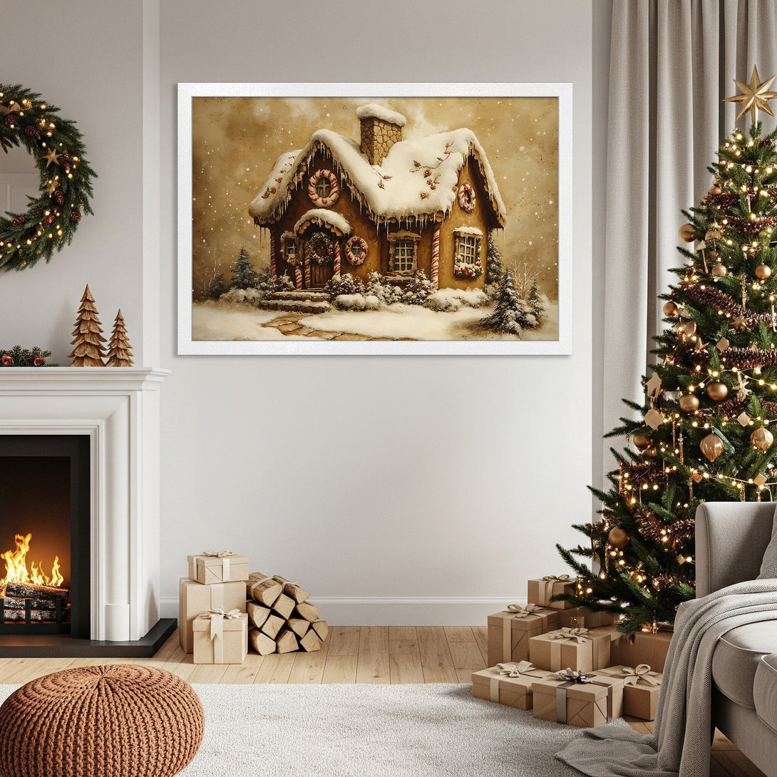 Framed Poster featuring a cozy watercolor Christmas gingerbread house. Warm, inviting colors perfect for holiday decor.