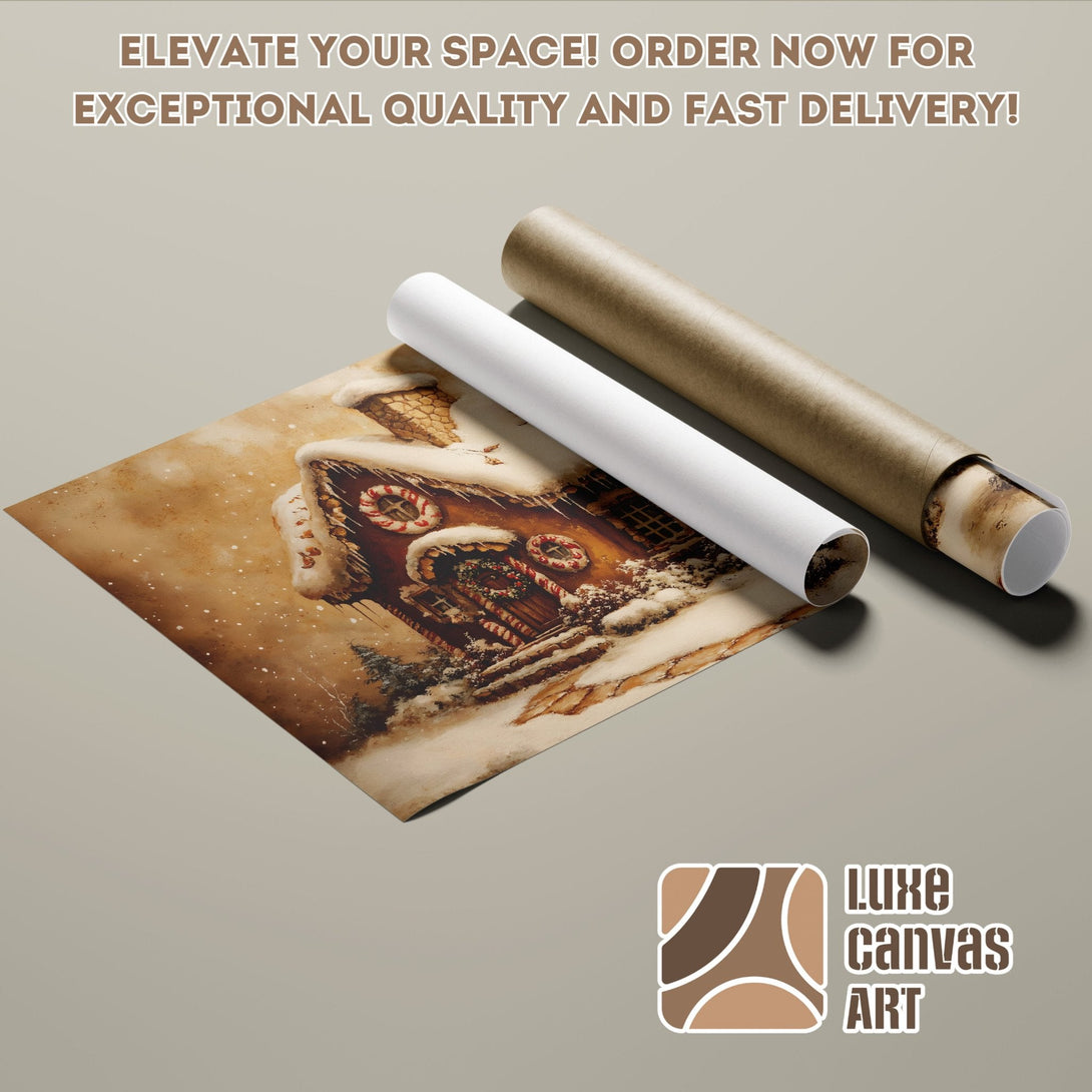 Poster Roll of a cozy, wintery gingerbread house art print in warm, neutral tones.