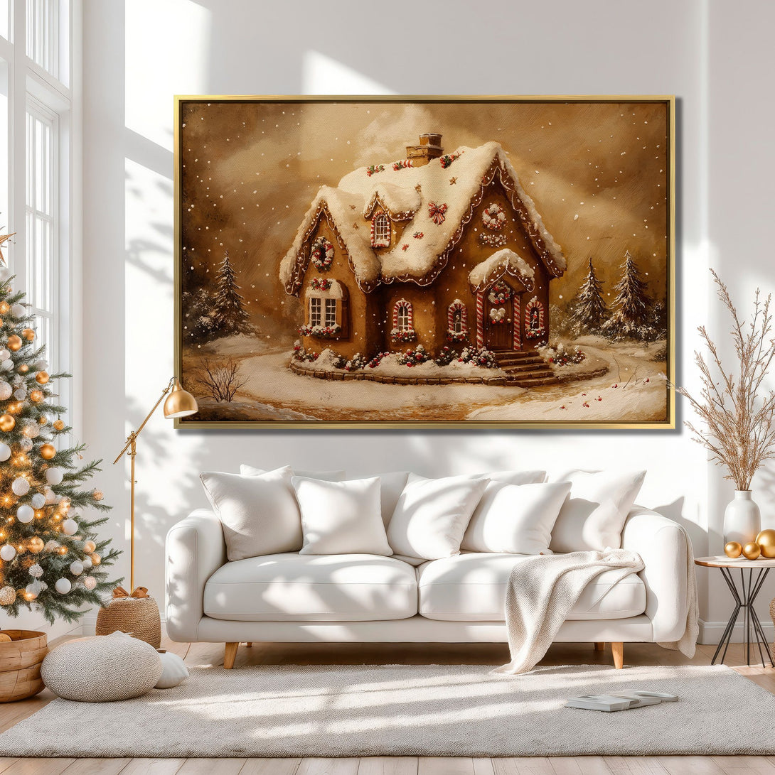 Canvas Print of a cozy gingerbread house in a snowy scene, warm neutral color palette, perfect for Christmas decor.