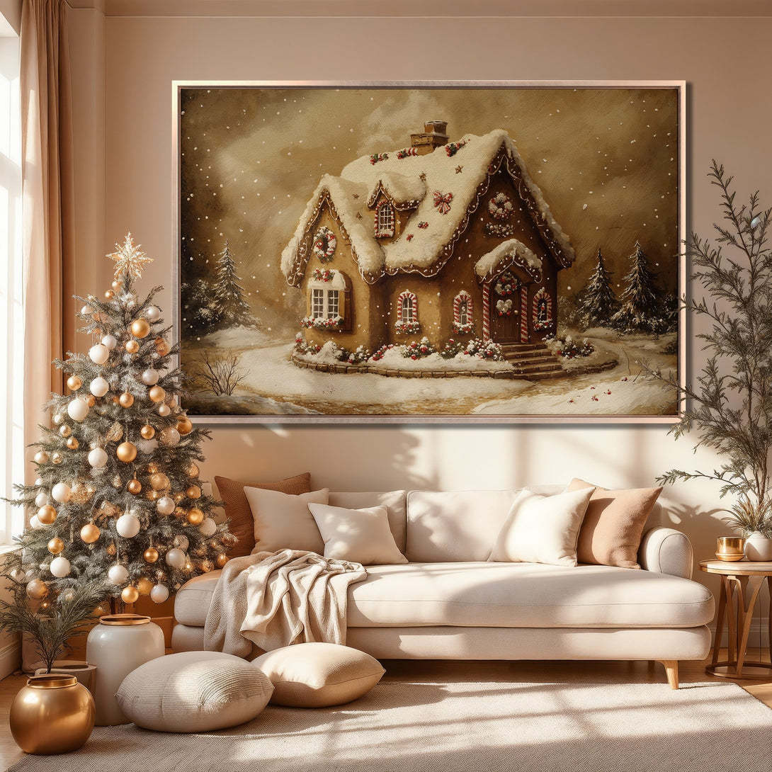 Framed Wall Art: Cozy Christmas gingerbread house painting in warm, neutral tones. Perfect holiday decor, adding festive charm to any interior.