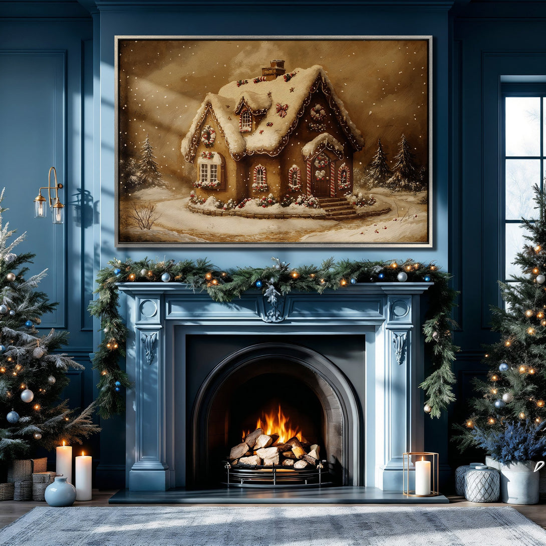 Framed Wall Art: Cozy Christmas scene of a gingerbread house in a warm, inviting style. Earthy tones and blue accents create a festive, elegant ambiance.