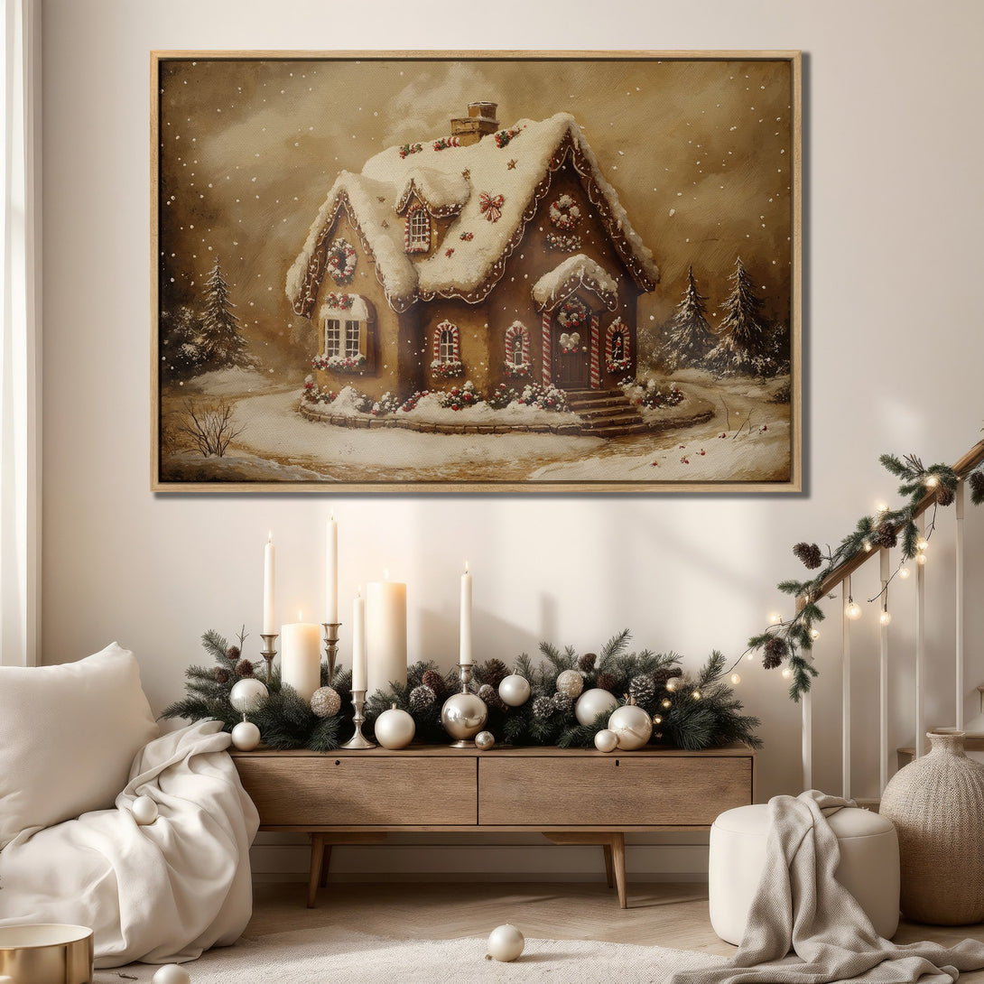 Framed Wall Art: Cozy Christmas gingerbread house painting with warm brown tones. Perfect holiday decor for a festive and inviting atmosphere.