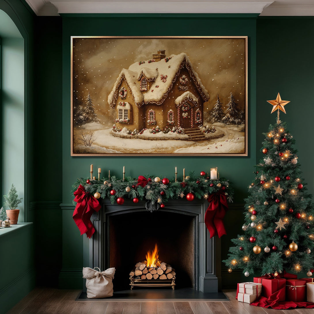 Framed Wall Art: Cozy Christmas scene with a gingerbread house, warm tones, and a festive green and red color palette. Perfect holiday decor!