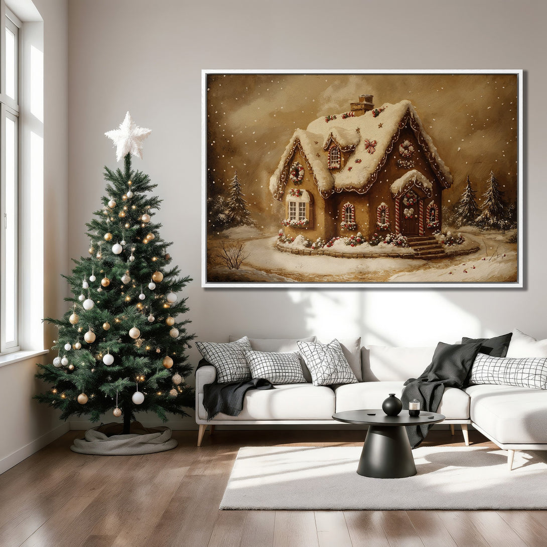 Framed Wall Art: Cozy Christmas scene with a gingerbread house in warm tones. Perfect holiday decor for your home. Shop now!