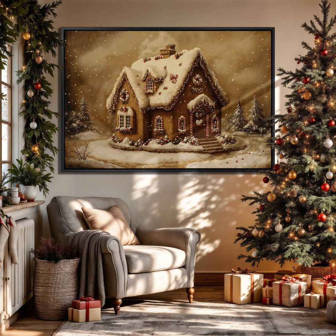 Framed Wall Art: Cozy Christmas scene with gingerbread house painting. Warm, inviting color palette. Perfect holiday decor for your home.