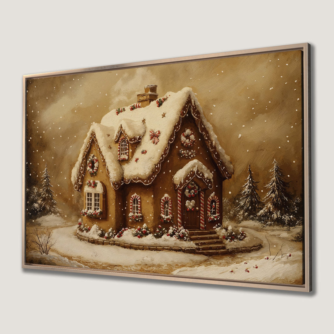 Framed Wall Art: Cozy winter gingerbread house art. Warm, inviting color palette with snow and festive details. Perfect holiday decor for your home.