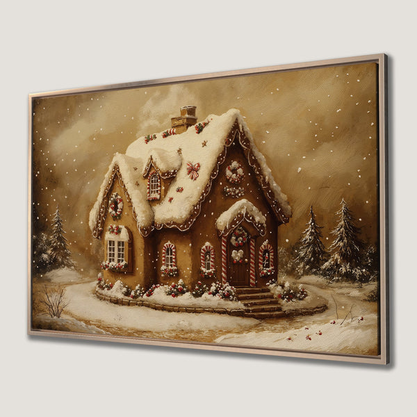 Framed Wall Art: Cozy winter gingerbread house art. Warm, inviting color palette with snow and festive details. Perfect holiday decor for your home.