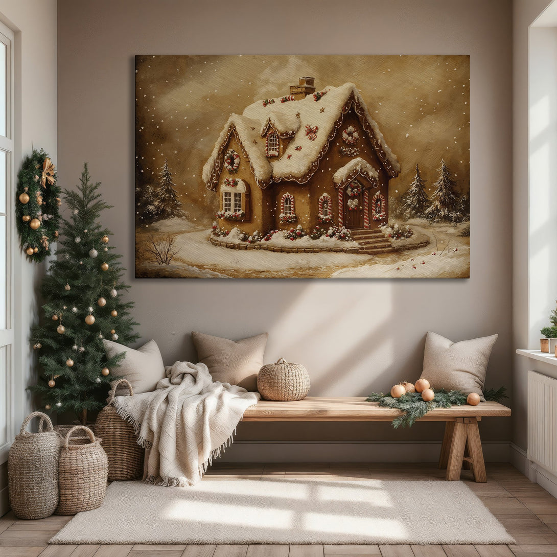 Framed Wall Art: Cozy winter gingerbread house painting in warm brown tones. Perfect holiday decor for a festive living room.