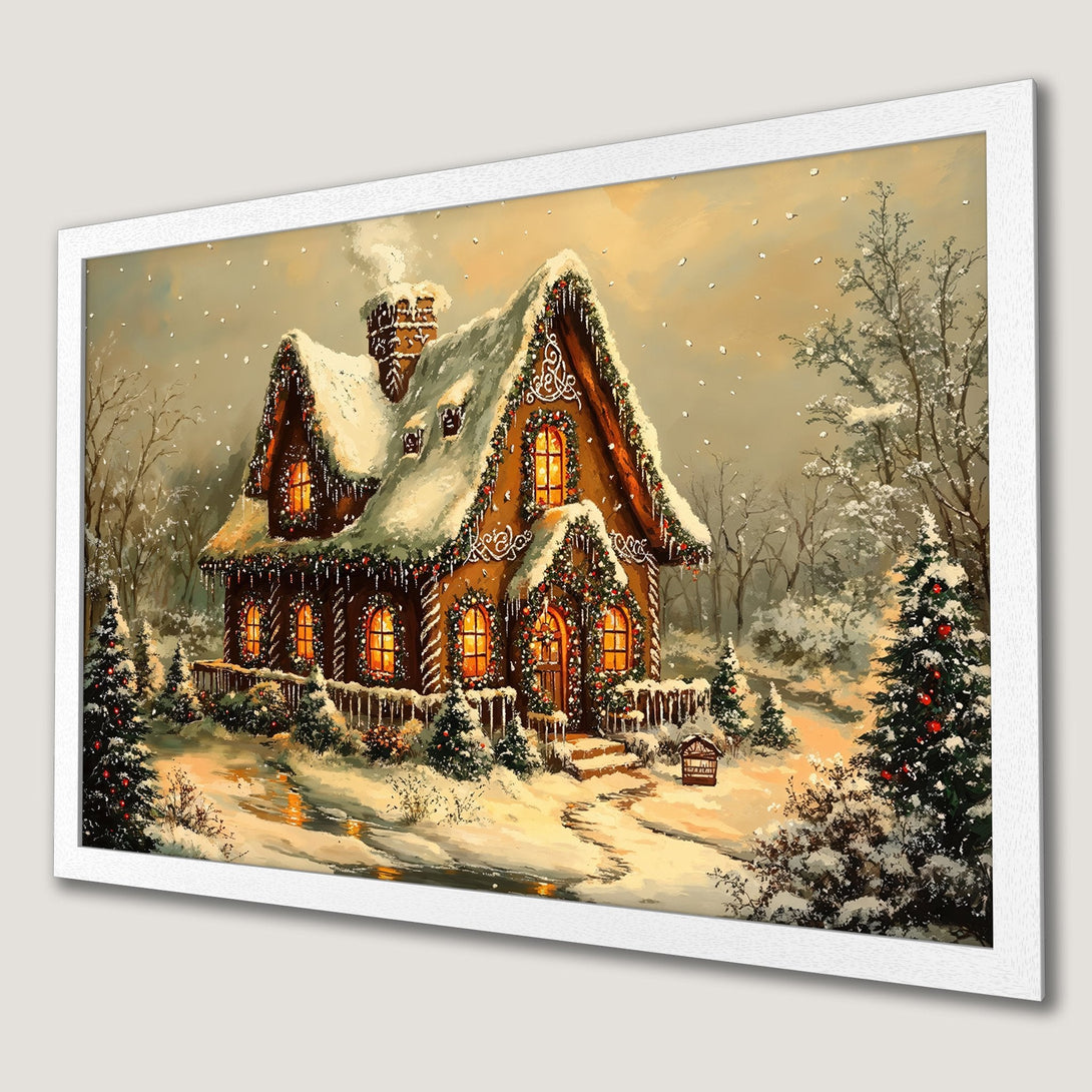 Framed Poster of a cozy winter scene with a decorated gingerbread house, warm color palette, and snowy details. Perfect holiday decor!