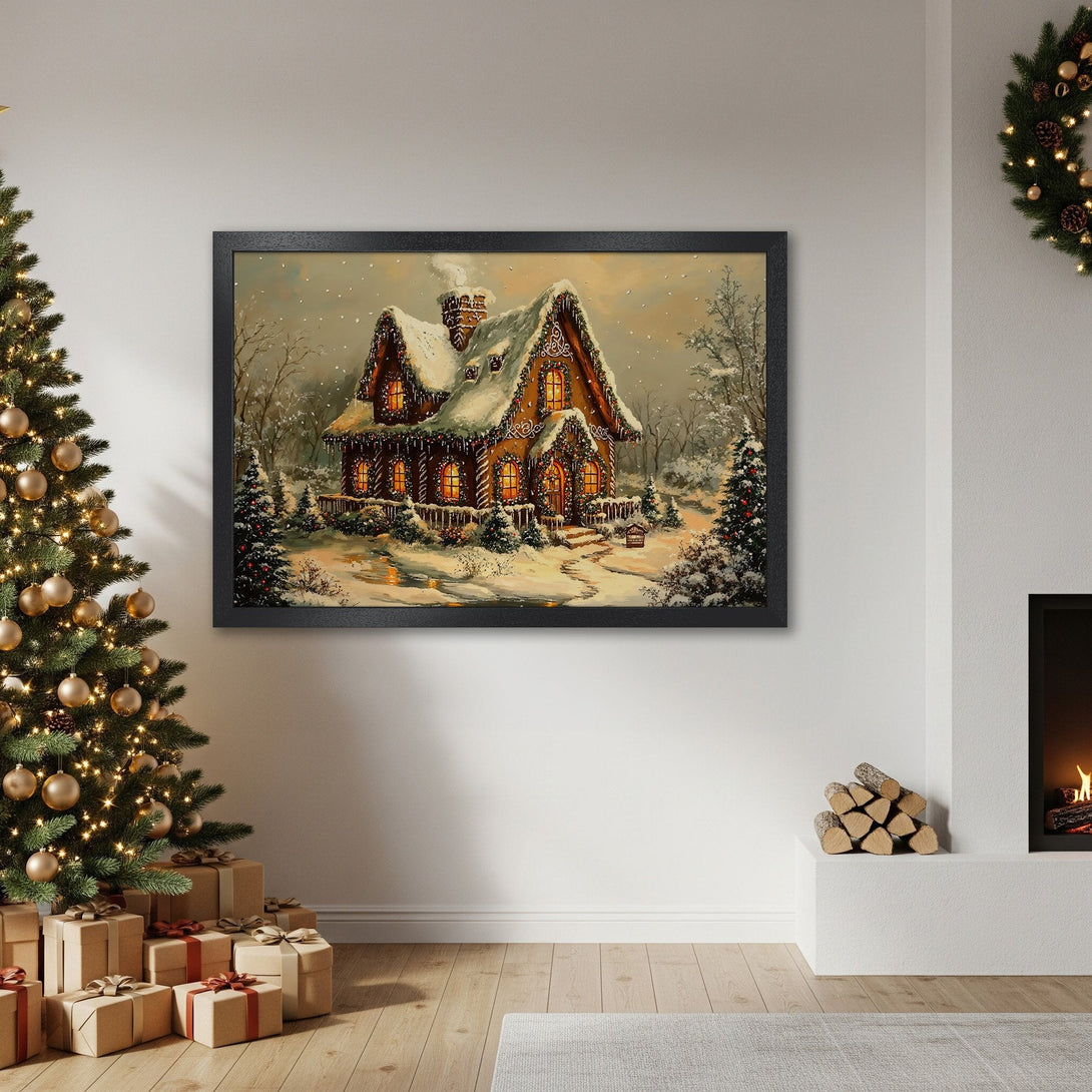 Framed Poster of a cozy winter cabin in a snowy landscape, warm color palette, perfect holiday decor.