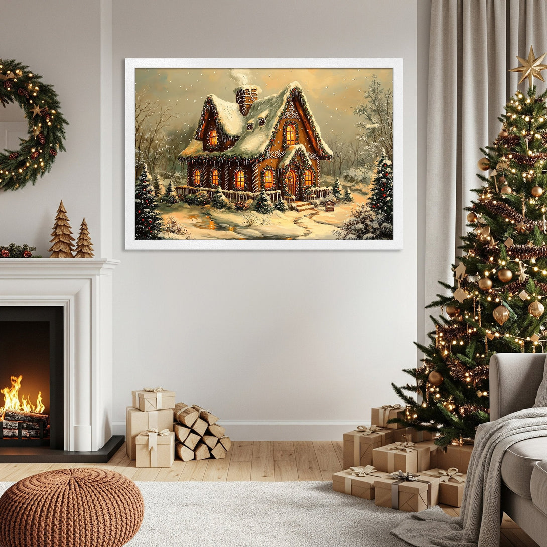 Framed Poster featuring a cozy winter cabin scene, painted in a warm, inviting style with a soft, neutral color palette. Perfect holiday decor!