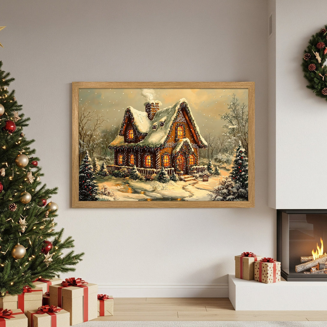 Framed Poster of a cozy winter cottage scene. Warm, inviting colors and a charming, illustrative style. Perfect holiday decor!