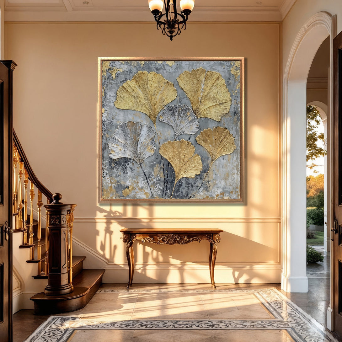 Framed Wall Art: Abstract gold leaf art print in a neutral color palette, perfect for modern home decor. Enhance your entryway with this elegant piece.