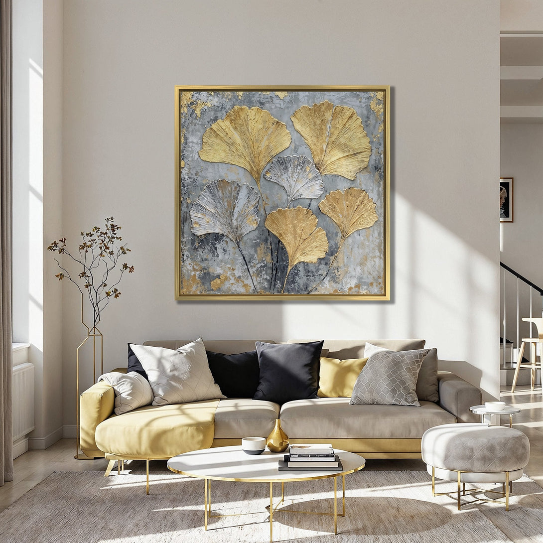 Abstract ginkgo leaf Canvas Print in gold, silver, and gray tones. Modern wall art for a stylish interior.
