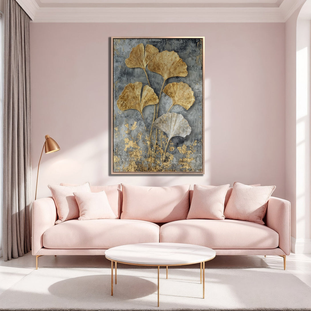 Framed Wall Art: Gold leaf ginkgo canvas print in a modern living room. Features a gray and gold color palette, adding elegance to any space.