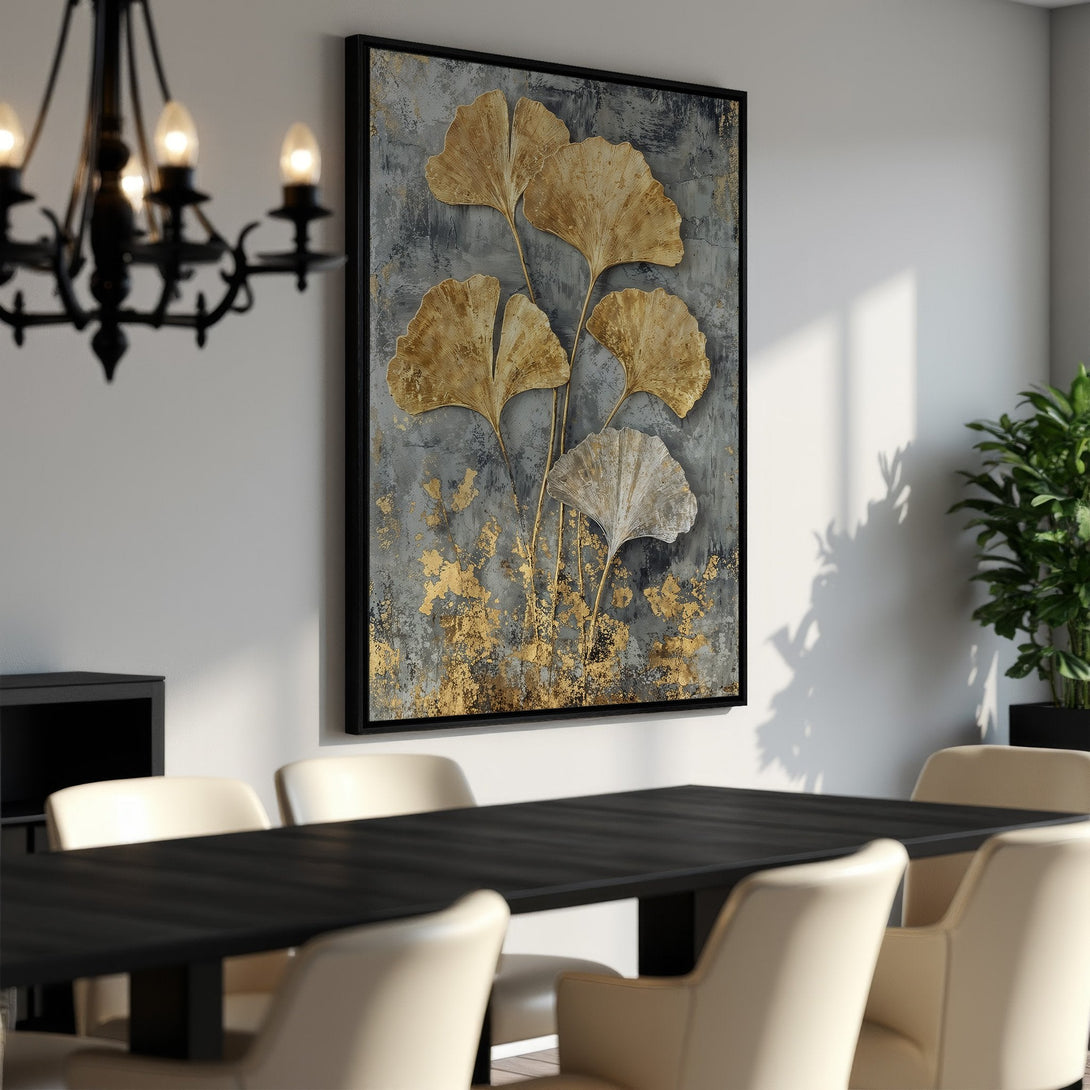 Framed Wall Art: Abstract gold ginkgo leaf art on a gray background. Modern decor with a touch of luxury, enhancing any dining room.
