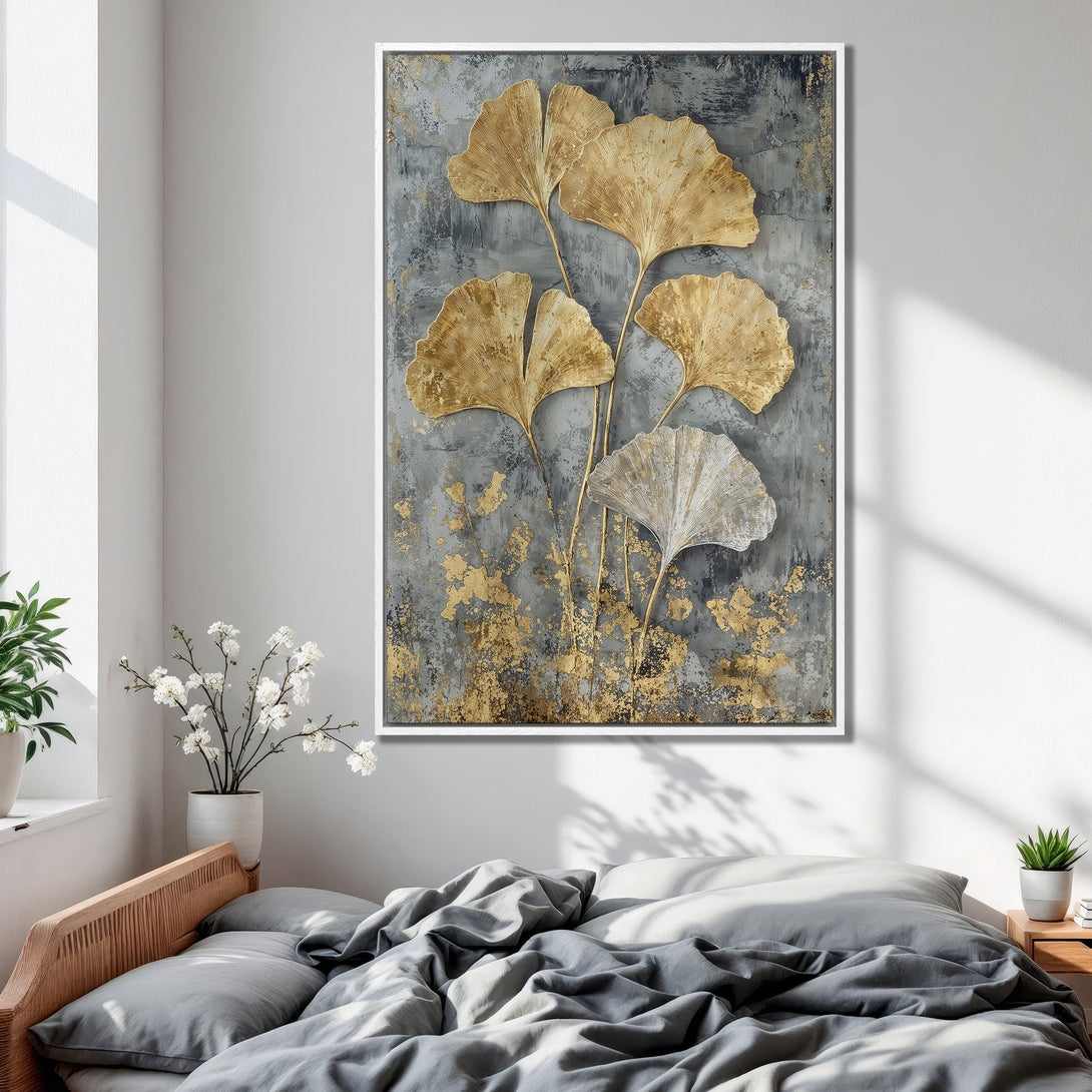 Framed Wall Art: Gold leaf ginkgo art print in a bedroom. Elegant abstract style with gray & gold color palette, perfect for modern decor.