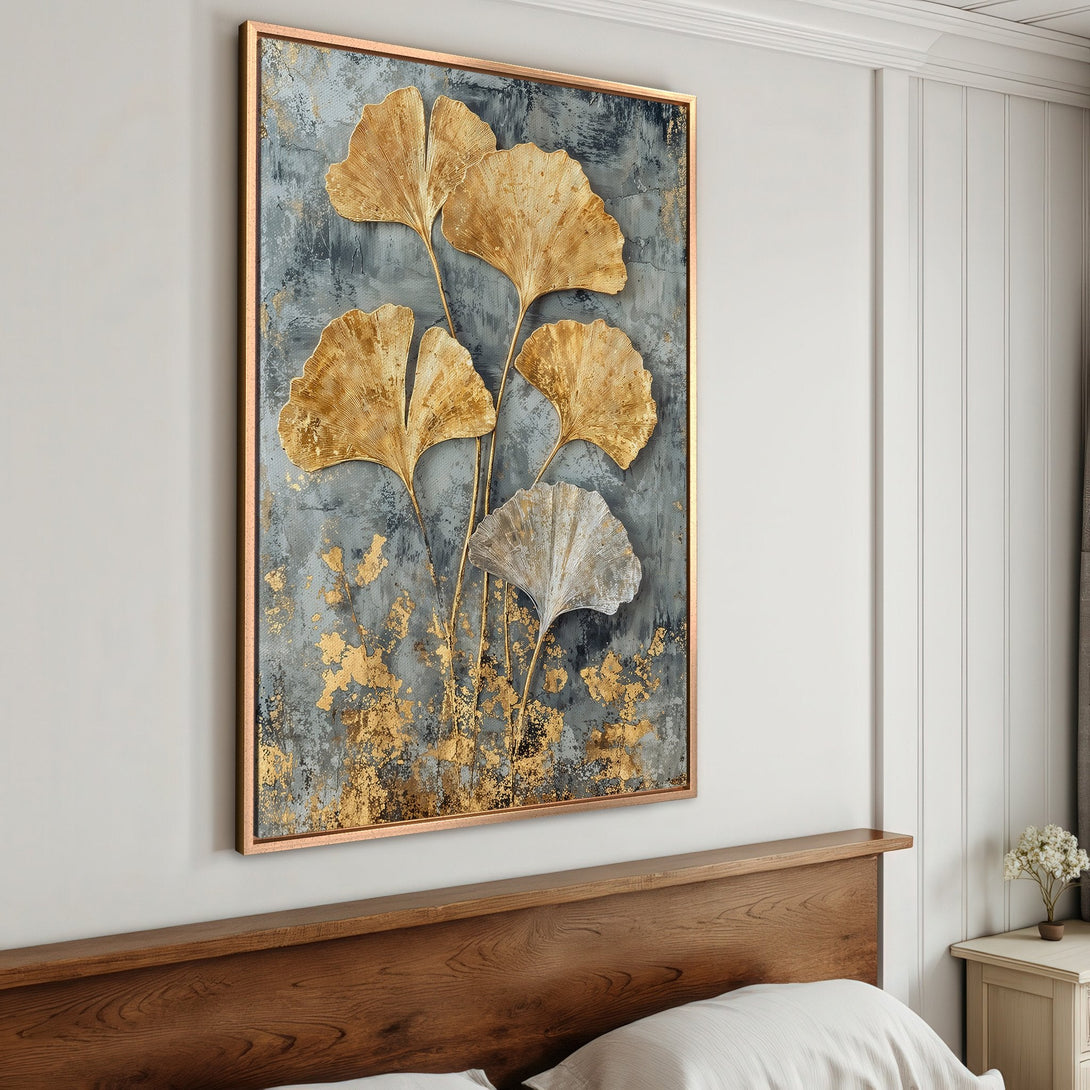 Framed Wall Art featuring gold ginkgo leaves on a textured gray background. Modern abstract style with a luxurious gold and gray color palette.