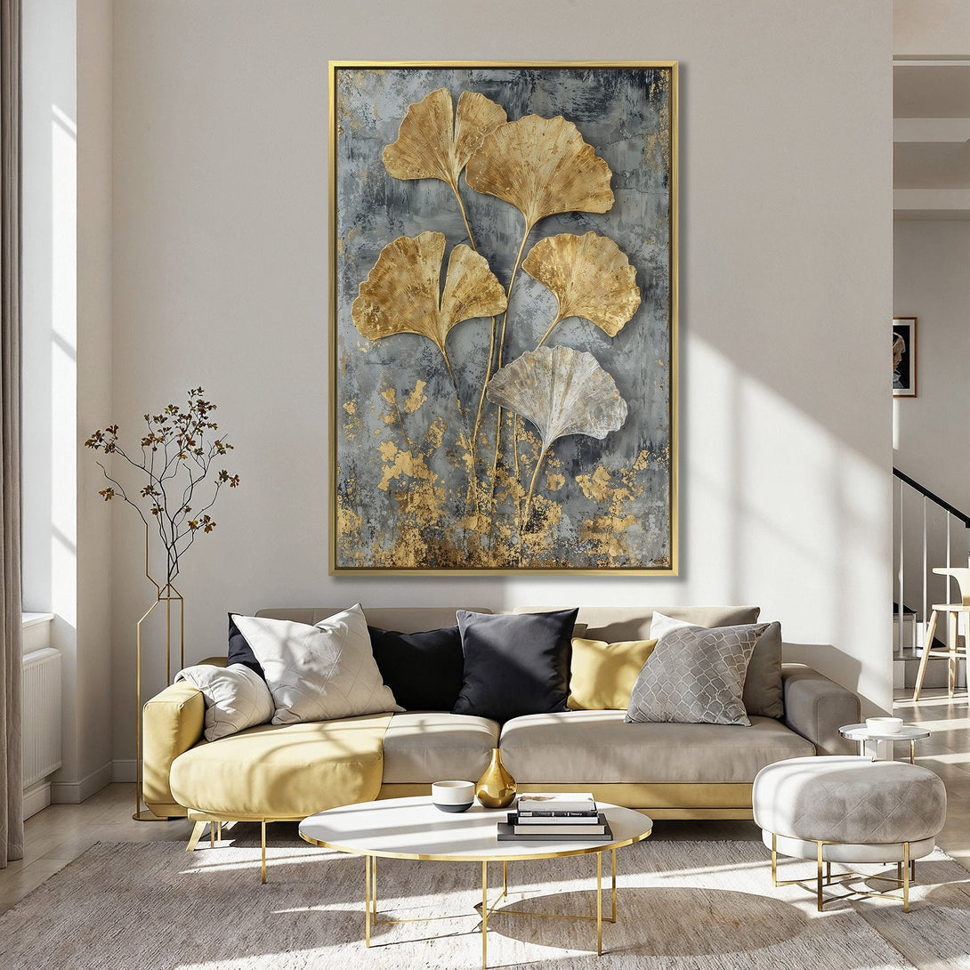 Canvas Print featuring gold ginkgo leaves on a grey background, adding a touch of elegance to a room with a pink color palette.