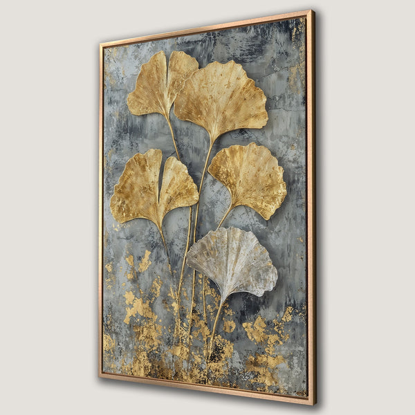 Framed Wall Art featuring gold ginkgo leaves on a textured gray background. Modern, elegant canvas print with a metallic gold and neutral color palette.
